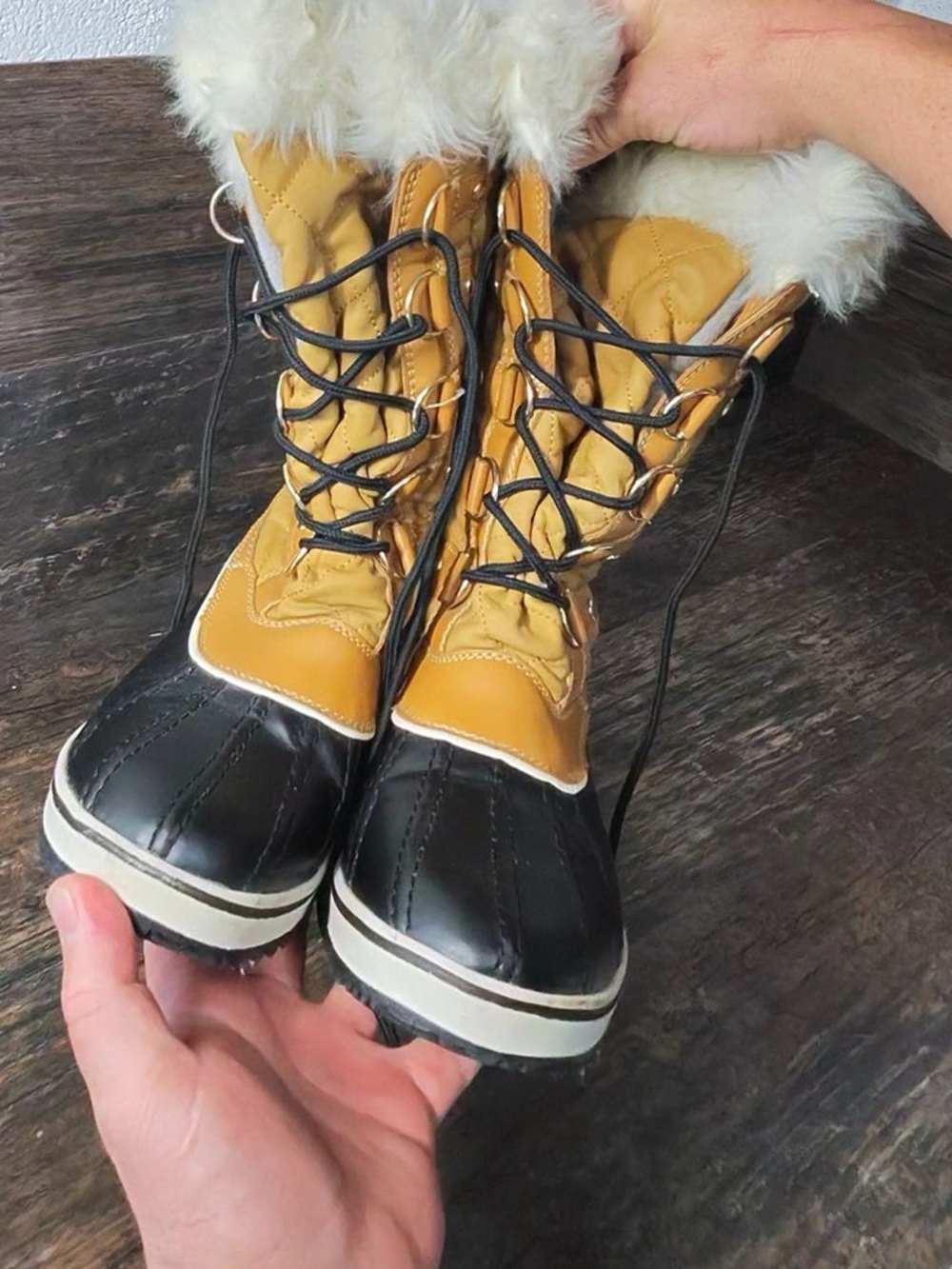 Women's Yellow and Black Faux-Fur Insulated Winter Lace-Up Boots